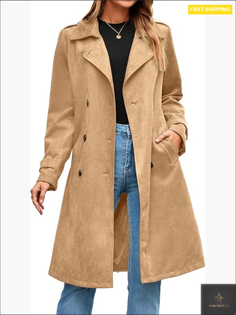 Classic Double Breasted Long Trench Coat With Belt Faux Suede Office